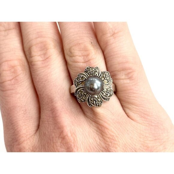 Art Deco Floral Marcasite Multi Gemstone Faux Tahitian Pearl Vintage Ring - sz 7 - Picture 9 of 10